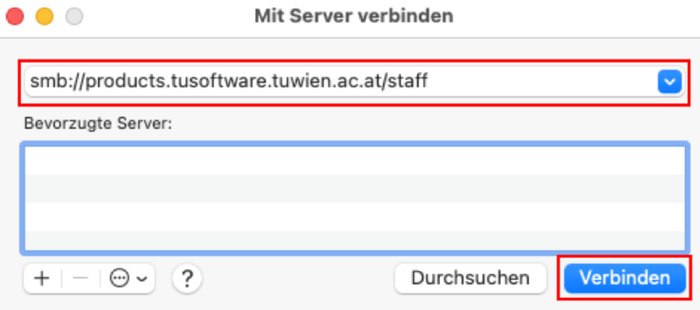 Screenshot zum im Text angeführten Anleitungsschritt „smb://products.tusoftware.tuwien.ac.at/staff“ eingeben und auf "Verbinden" klicken