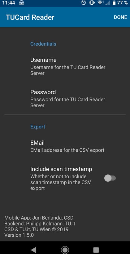 TUcardReader Einstellungen Anzeige der Einstellungen die in der TUcardReader App bestehen