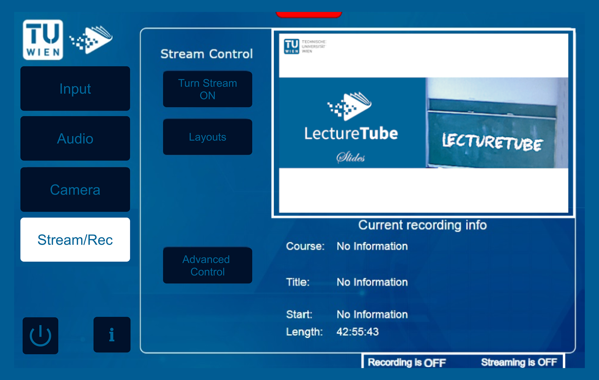 Bedienoberfläche für LectureTube. Zu den Funktionen gehören Stream-Steuerung, Eingabeoptionen und Aufzeichnungsinformationen.