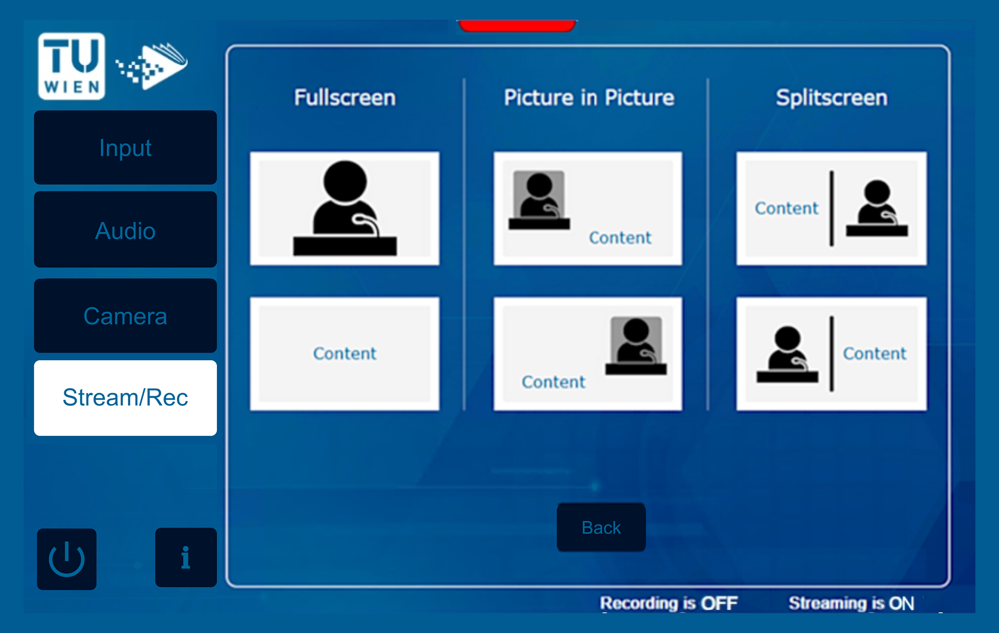 Auf dem Bildschirm der Benutzeroberfläche werden drei Optionen für das Videolayout angezeigt: Vollbild, Bild-in-Bild und geteilter Bildschirm.